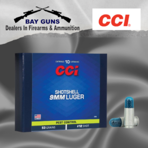 CCI 9mm Luger shotshell ammunition – box of 10 rounds with #12 shot for close-range pest control and small-game use.