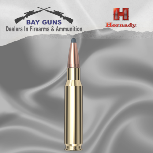 "Box of Hornady .308 Win Mag 165gr BTSP AW ammunition with 20 rounds, showing InterLock® bullet design and sleek packaging."