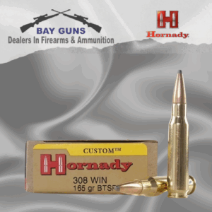 "Box of Hornady .308 Win Mag 165gr BTSP AW ammunition with 20 rounds, showing InterLock® bullet design and sleek packaging."