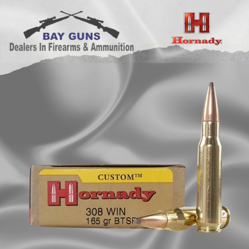 "Box of Hornady .308 Win Mag 165gr BTSP AW ammunition with 20 rounds, showing InterLock® bullet design and sleek packaging."