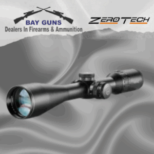 "ZeroTech Thrive HD 4-16x44 FFP LR Hunter IR 30mm riflescope featuring a first focal plane illuminated reticle, 30mm main tube, capped 0.1 MRAD turrets, and weather-resistant lens coating."