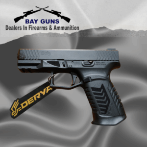 DERYA 9mm pistol in black, 15+1 capacity, shown with three spare magazines.