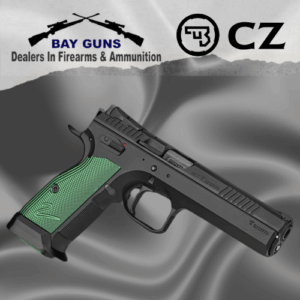 CZ TS 2 Racing Green 9mm competition pistol with green anodized duralumin grips and green magazine base plates, shown with fiber-optic front sight and adjustable rear metal sight — right side view.