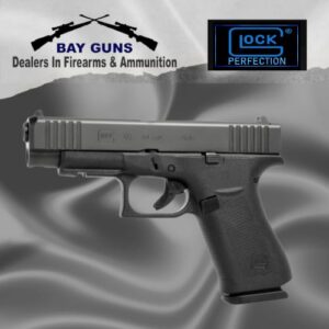 “Glock 48 slimline 9mm handgun with rail and front serrations on white background”