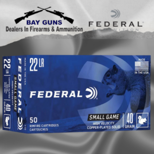Box of 50 rounds Federal Game-Shok .22 LR high-velocity 40-grain copper-plated round-nose ammunition for target shooting and small game.