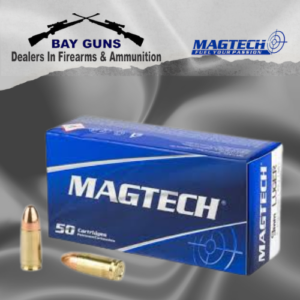 Box of 50 rounds Magtech 9mmP 115 gr FMC full metal jacket ammunition — brass-cased and boxer-primed for range training and target shooting.