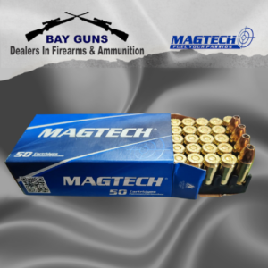 Box of 50 Magtech 9mm Luger 115 gr jacketed hollow point (JHP) ammunition — brass‑cased defensive handgun rounds with controlled expansion design.