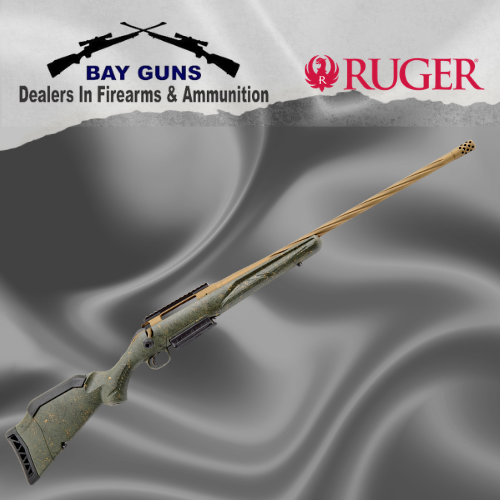 Ruger American Gen II 6.5 PRC rifle with green splatter stock, spiral fluted burnt bronze Cerakote barrel and Picatinny scope base