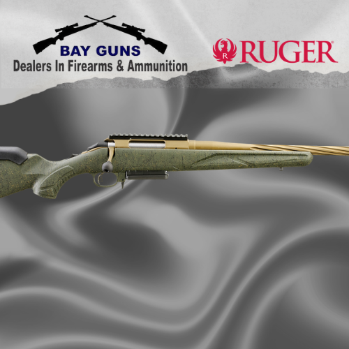 Ruger American Gen II 6.5 PRC rifle with green splatter stock, spiral fluted burnt bronze Cerakote barrel and Picatinny scope base