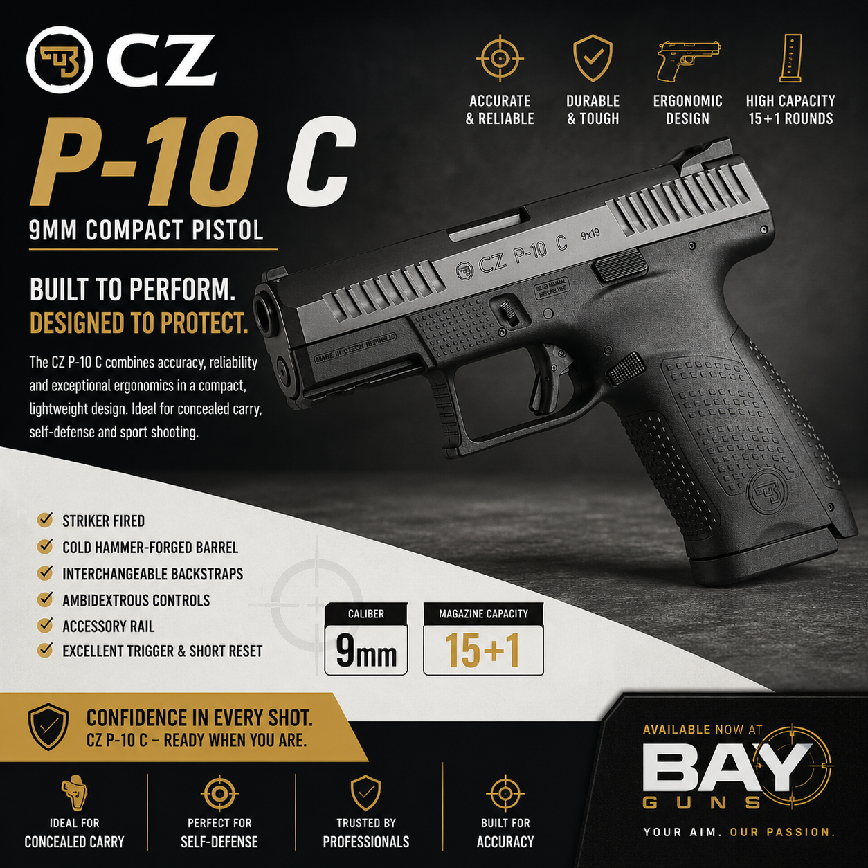 CZ P10-C 9mm compact striker-fired pistol with polymer frame, black finish, ergonomic textured grip and 15-round magazine, ideal for concealed carry and self-defense.