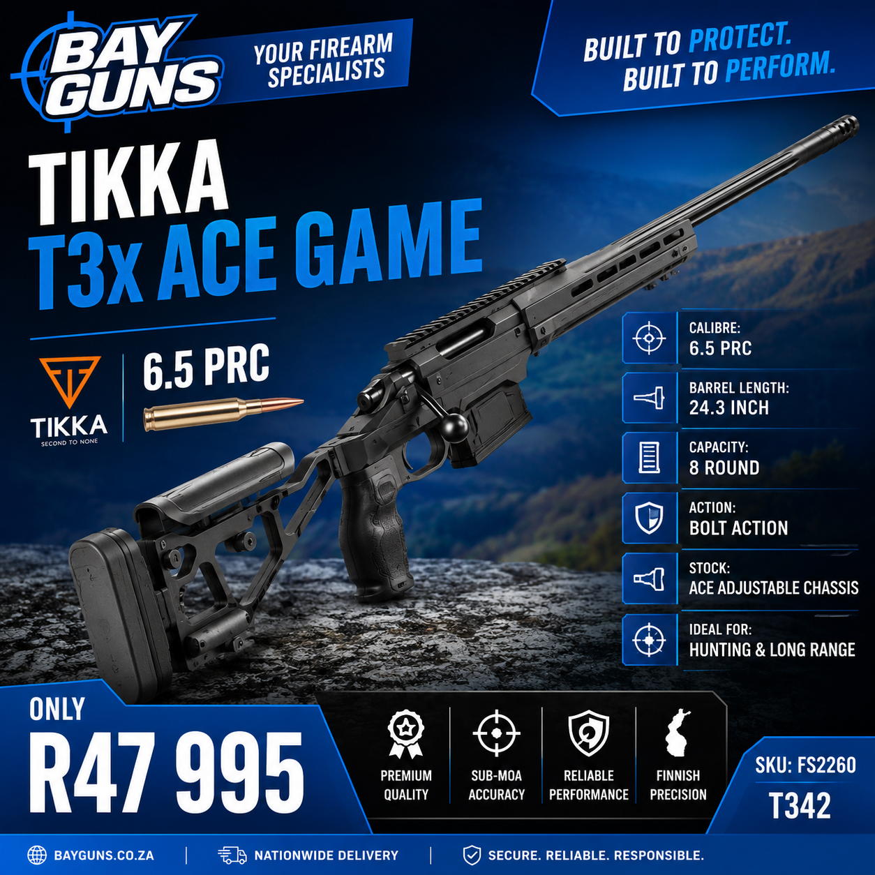 Tikka T3x ACE Game 6.5 PRC bolt-action rifle with 24.3-inch fluted barrel, adjustable chassis stock, detachable magazine, and precision long-range shooting capabilities.