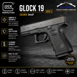 Glock 19 Gen 3 9mm pistol with polymer frame, black finish, compact design, and 15-round magazine, ideal for concealed carry, self-defense, and sport shooting.