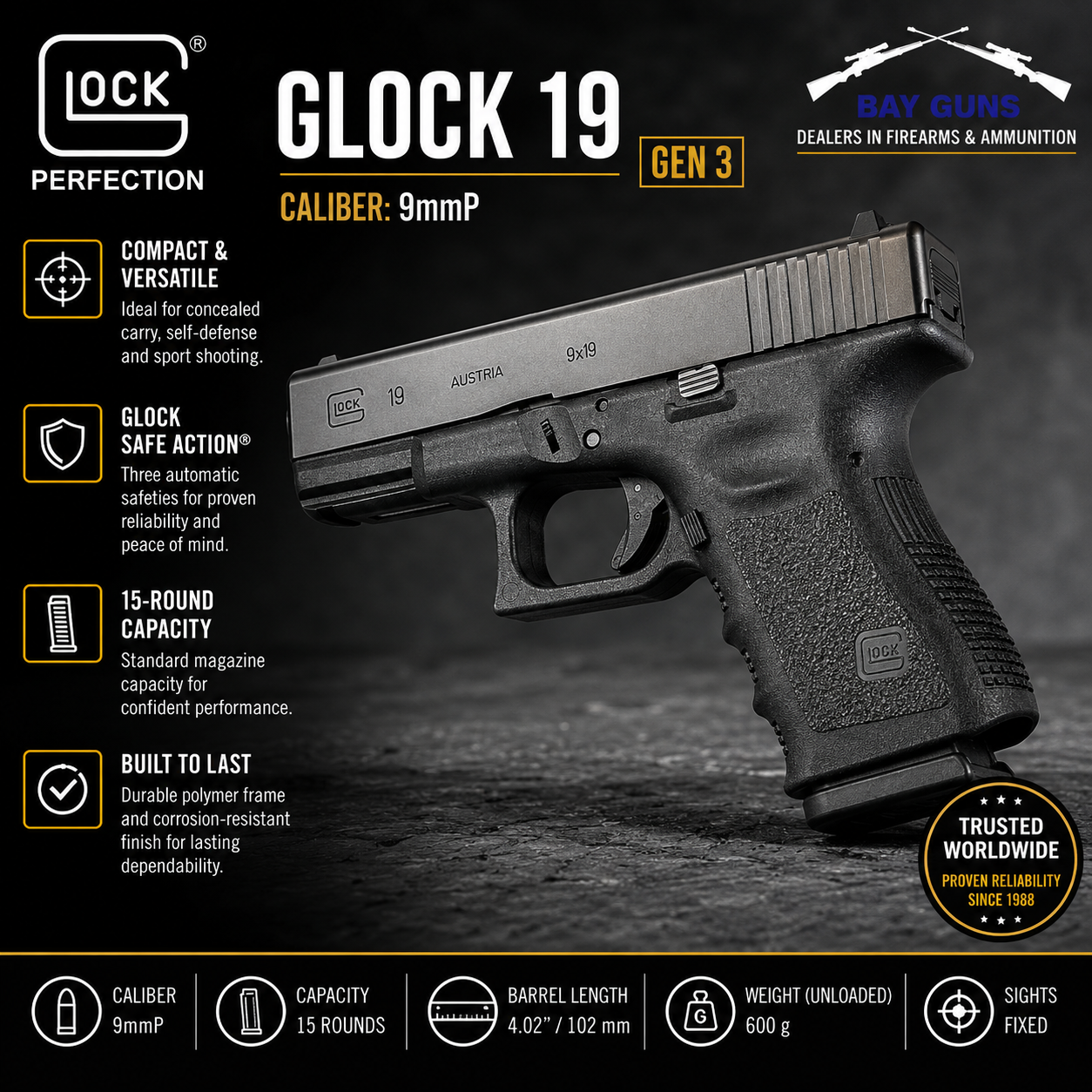 Glock 19 Gen 3 9mm pistol with polymer frame, black finish, compact design, and 15-round magazine, ideal for concealed carry, self-defense, and sport shooting.