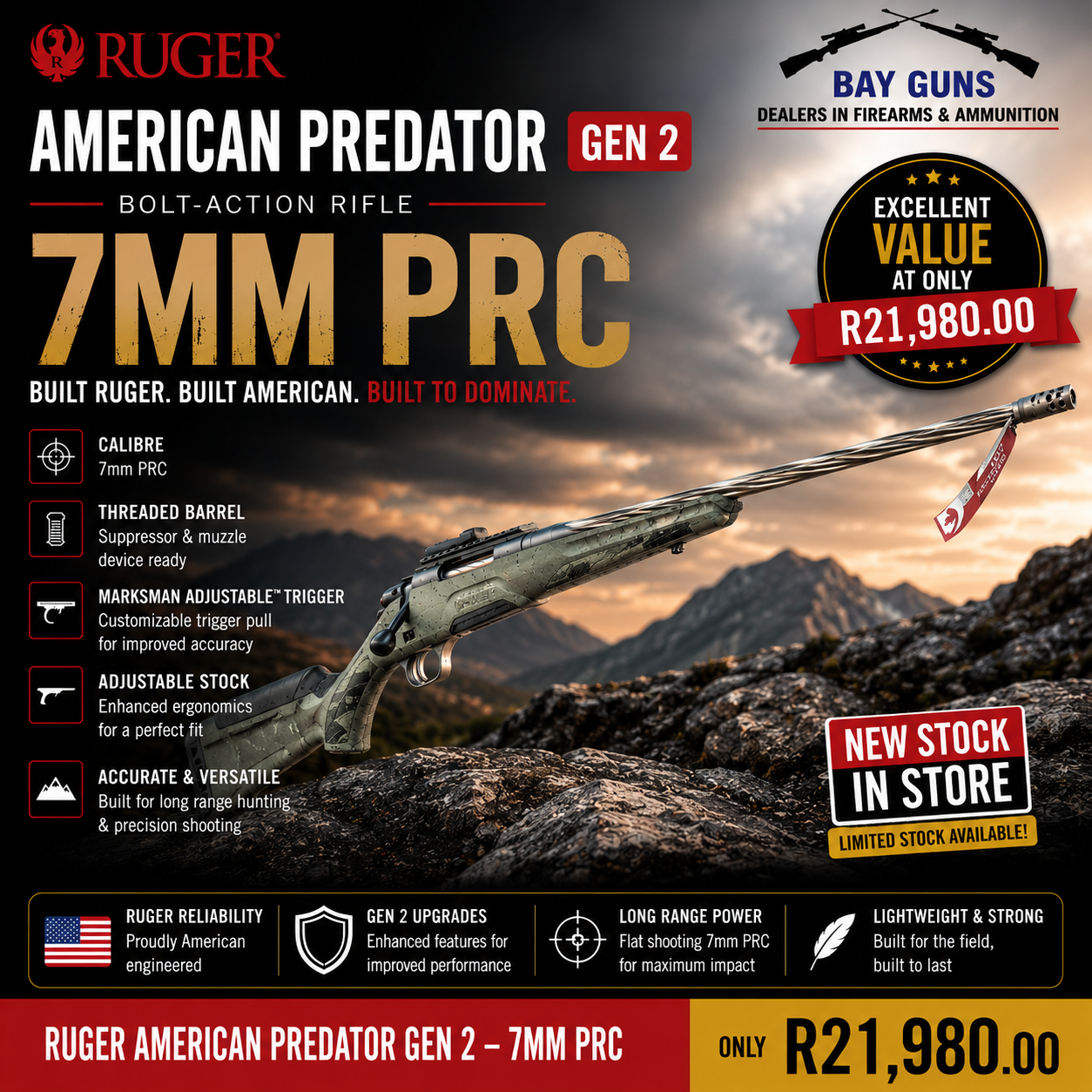 Ruger American Predator Gen 2 7mm PRC bolt-action rifle with threaded barrel, adjustable stock, Cerakote finish, and detachable magazine, designed for long-range hunting and precision shooting.