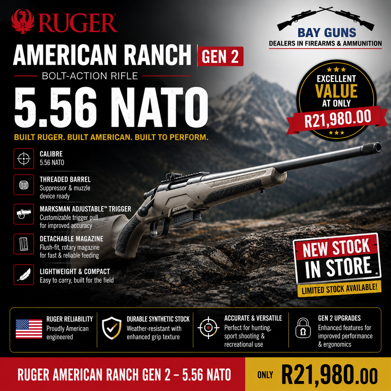 Ruger American Ranch Gen 2 5.56 NATO bolt-action rifle with threaded barrel, synthetic stock, and compact design, ideal for hunting, sport shooting, and suppressor use.