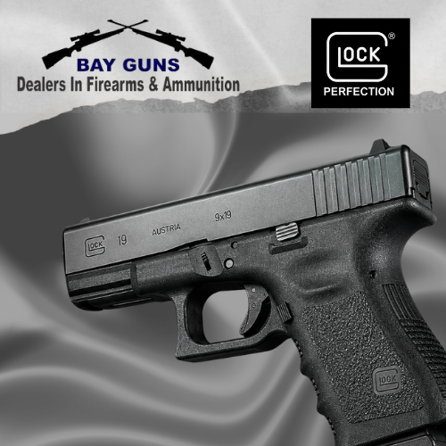 Glock 19 Gen 3 9mm pistol with polymer frame, black finish, compact design, and 15-round magazine, ideal for concealed carry, self-defense, and sport shooting.
