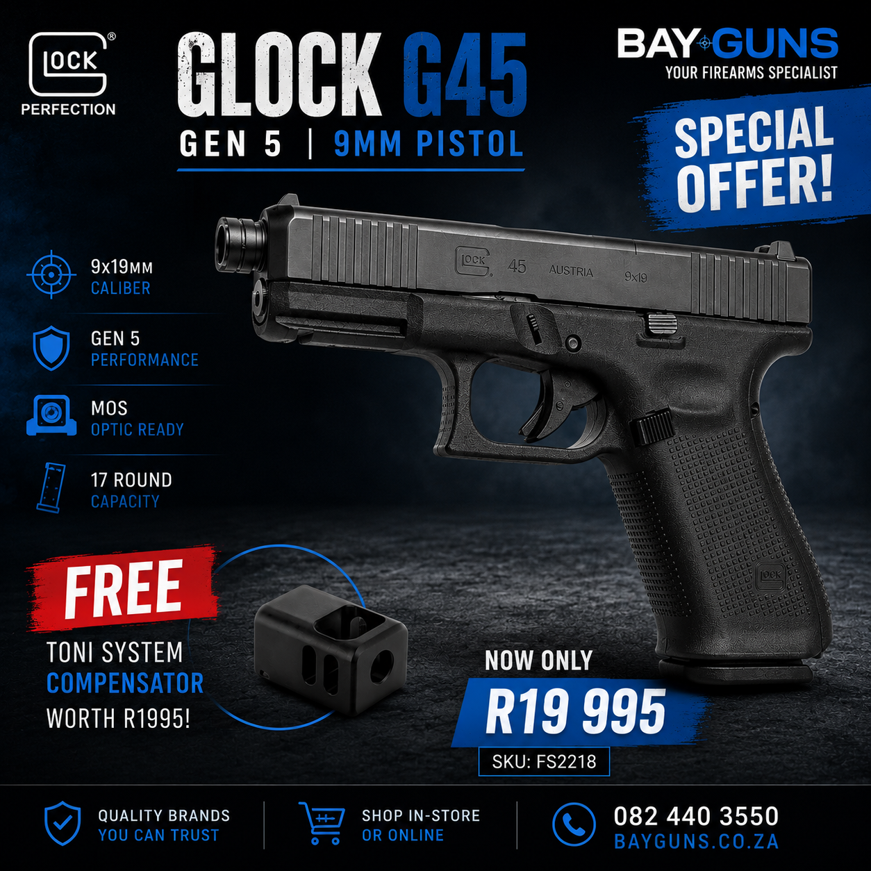 GLOCK G45 MOS Gen 5 SILC 9x19mm pistol with factory-threaded barrel and Toni System compensator