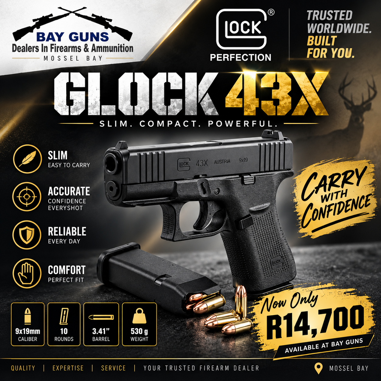 GLOCK 43X 9mmP 9x19mm Slimline semi-automatic pistol in black